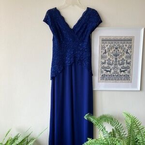 Blue floor-length evening dress with lace and sequins